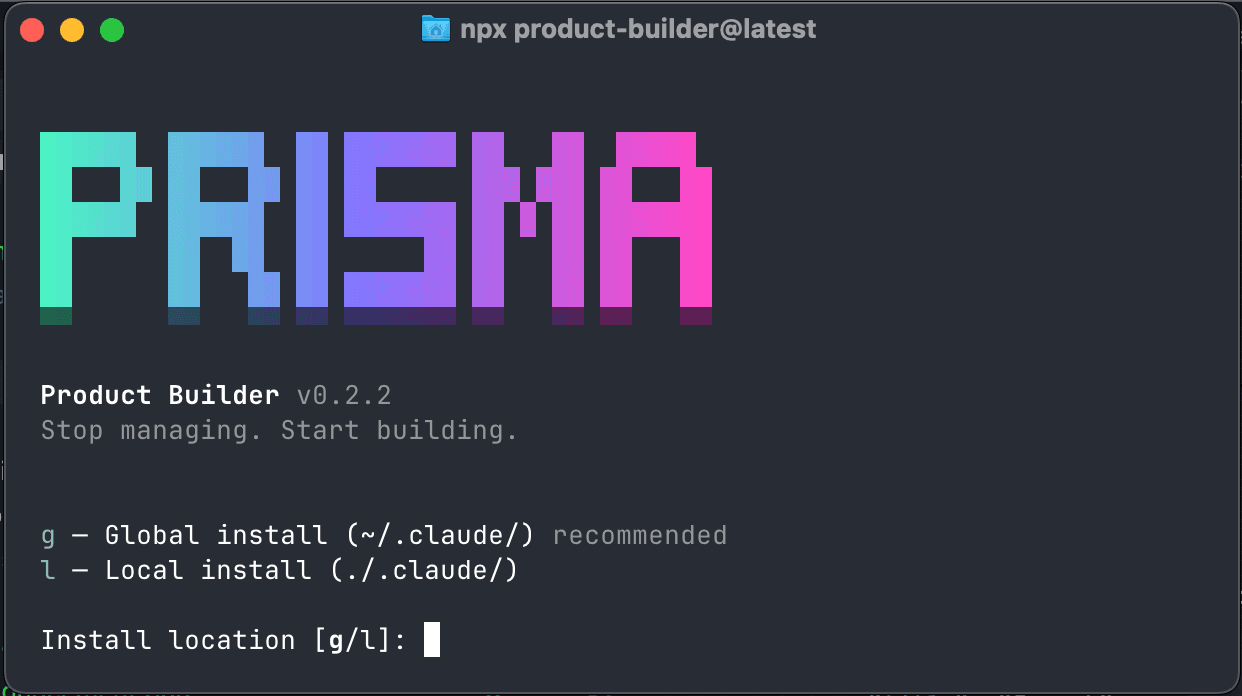 Product Builder install — terminal showing PRISMA ASCII logo and setup flow